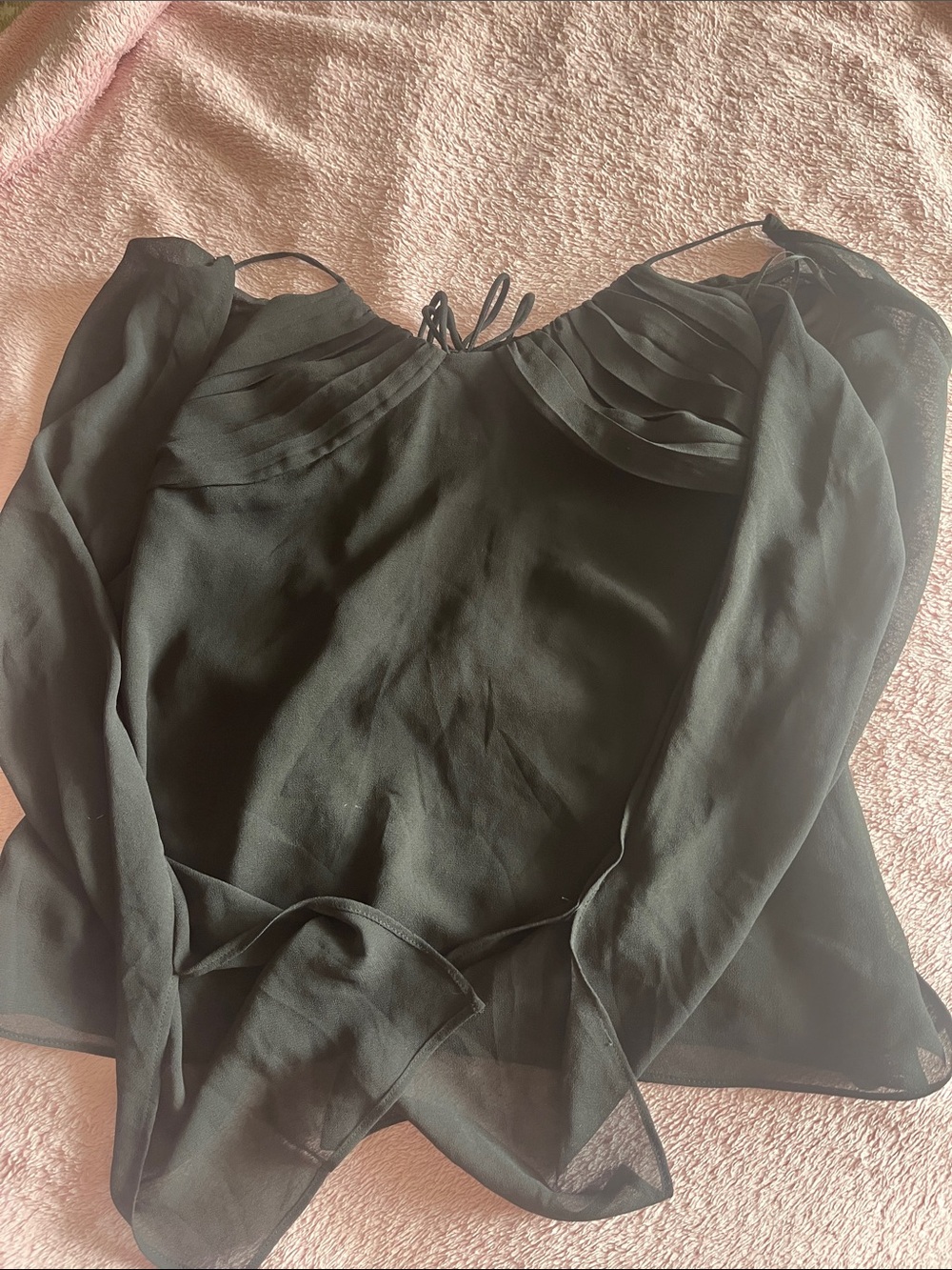 Zara Black Sheer Pleated Yoke Long-Sleeve Blouse